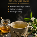 Flat lay of jasmine green tea benefits infographic with loose jasmine tea buds, fresh herbs, and crystals on white quartz surface, jasmine tea benefits for low carb keto diet