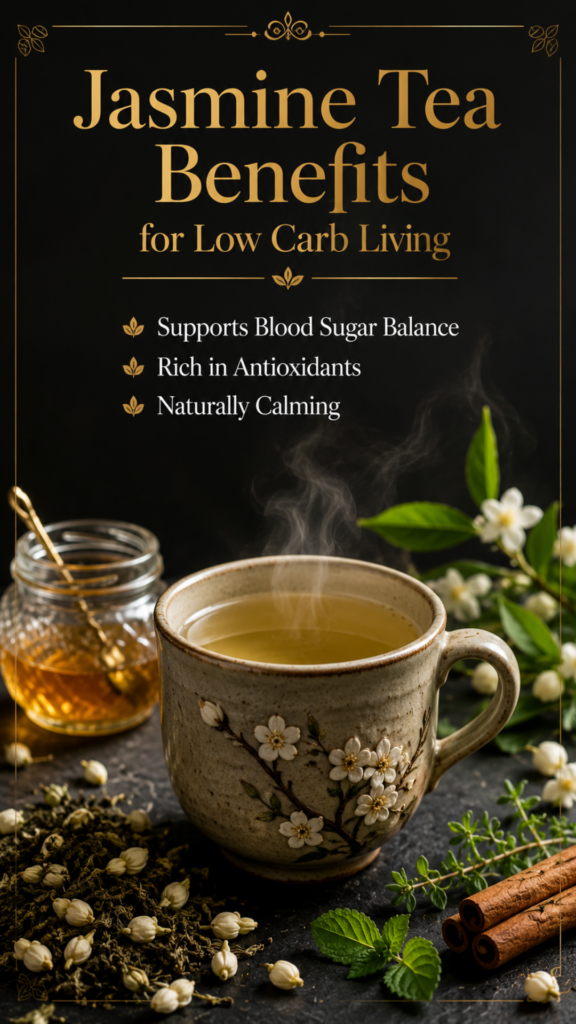 Flat lay of jasmine green tea benefits infographic with loose jasmine tea buds, fresh herbs, and crystals on white quartz surface, jasmine tea benefits for low carb keto diet
