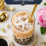 Keto jasmine bubble tea in a clear glass with konjac boba pearls and coconut milk over ice, gold boba straw, white quartz surface, low carb bubble tea recipe