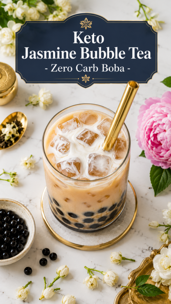Keto jasmine bubble tea in a clear glass with konjac boba pearls and coconut milk over ice, gold boba straw, white quartz surface, low carb bubble tea recipe
