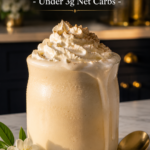 Thick creamy keto jasmine vanilla milkshake in a frosted glass with whipped cream and vanilla powder on top, white quartz countertop, dark navy farmhouse kitchen background, low carb jasmine milkshake reci