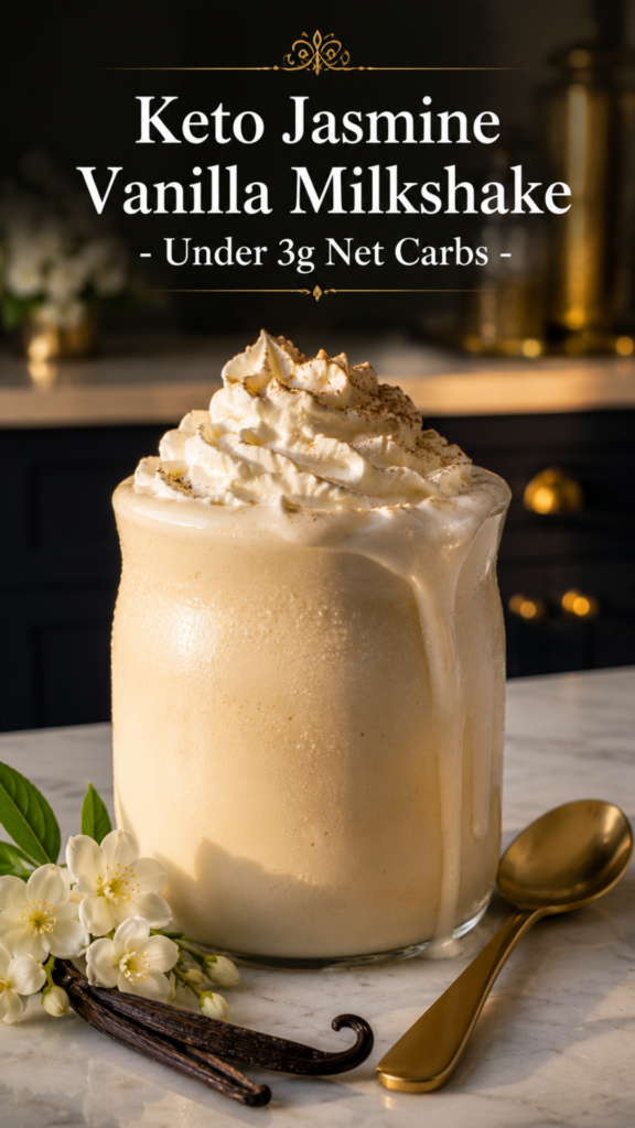Thick creamy keto jasmine vanilla milkshake in a frosted glass with whipped cream and vanilla powder on top, white quartz countertop, dark navy farmhouse kitchen background, low carb jasmine milkshake reci