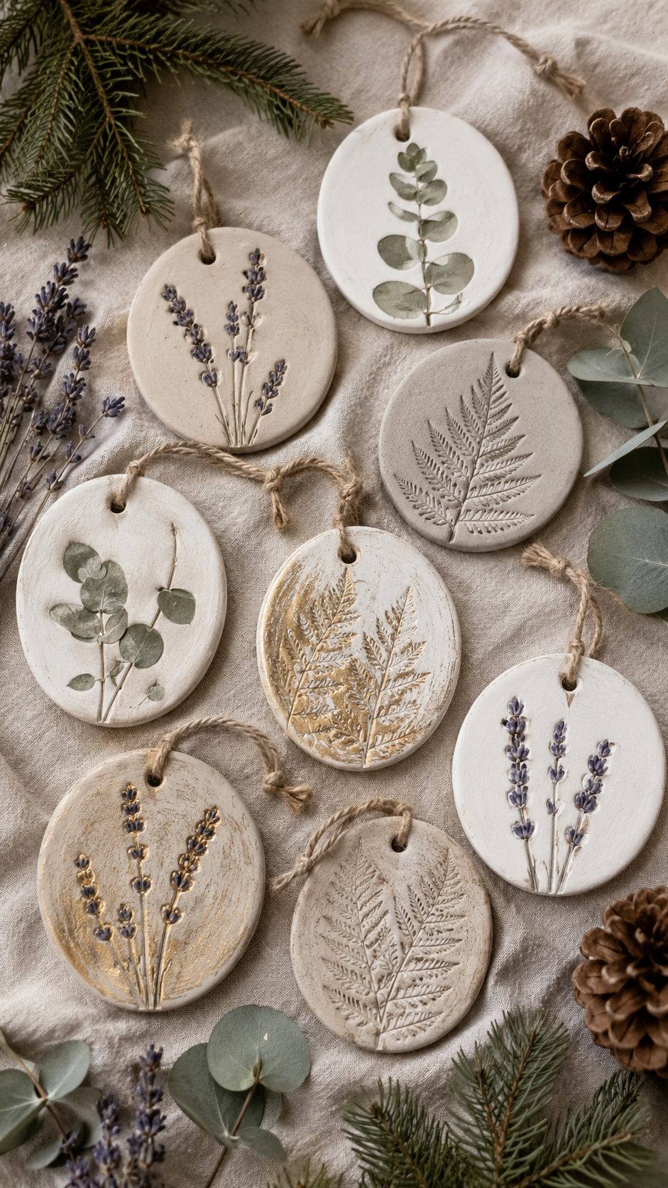 Overhead flat lay of seven handmade air dry clay round and oval Christmas ornaments on natural linen fabric surrounded by dried lavender stems, fresh eucalyptus sprigs, and pinecones. Each ornament features a different pressed botanical impression — lavender sprigs, eucalyptus branches, and fern fronds — in varying finishes including natural matte clay, painted sage green and purple botanical detail, and a warm gold antique wash. All hung with natural jute twine loops.