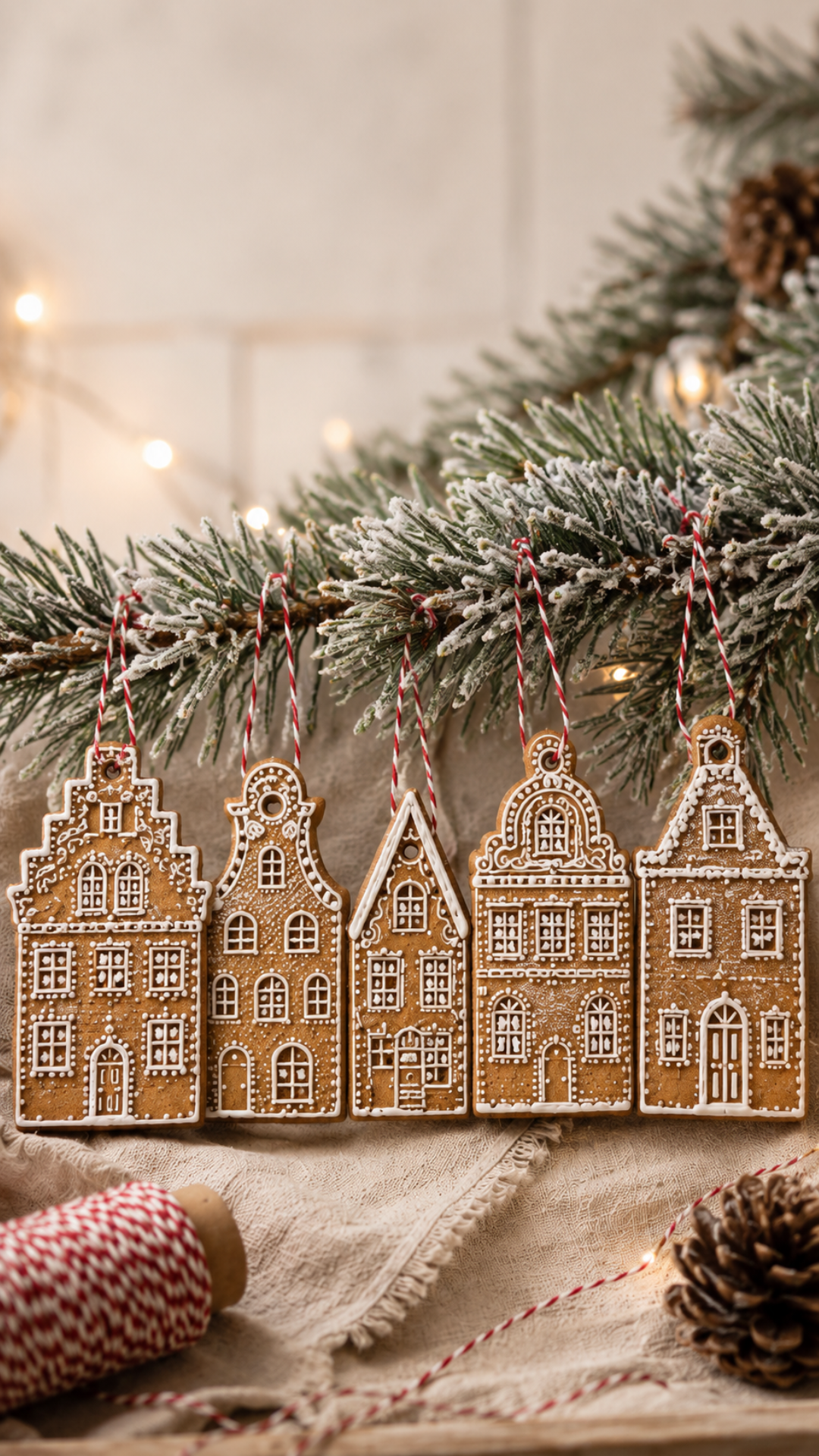 Five handmade air dry clay gingerbread house row ornaments hanging from a frost-dusted pine branch with warm fairy light bokeh in the background. Each ornament is shaped like a different European-style building with detailed impressed window, door, and architectural details and white painted detailing. Hung with red and white baker's twine. A spool of red and white twine and two pinecones rest on natural linen below the branch.