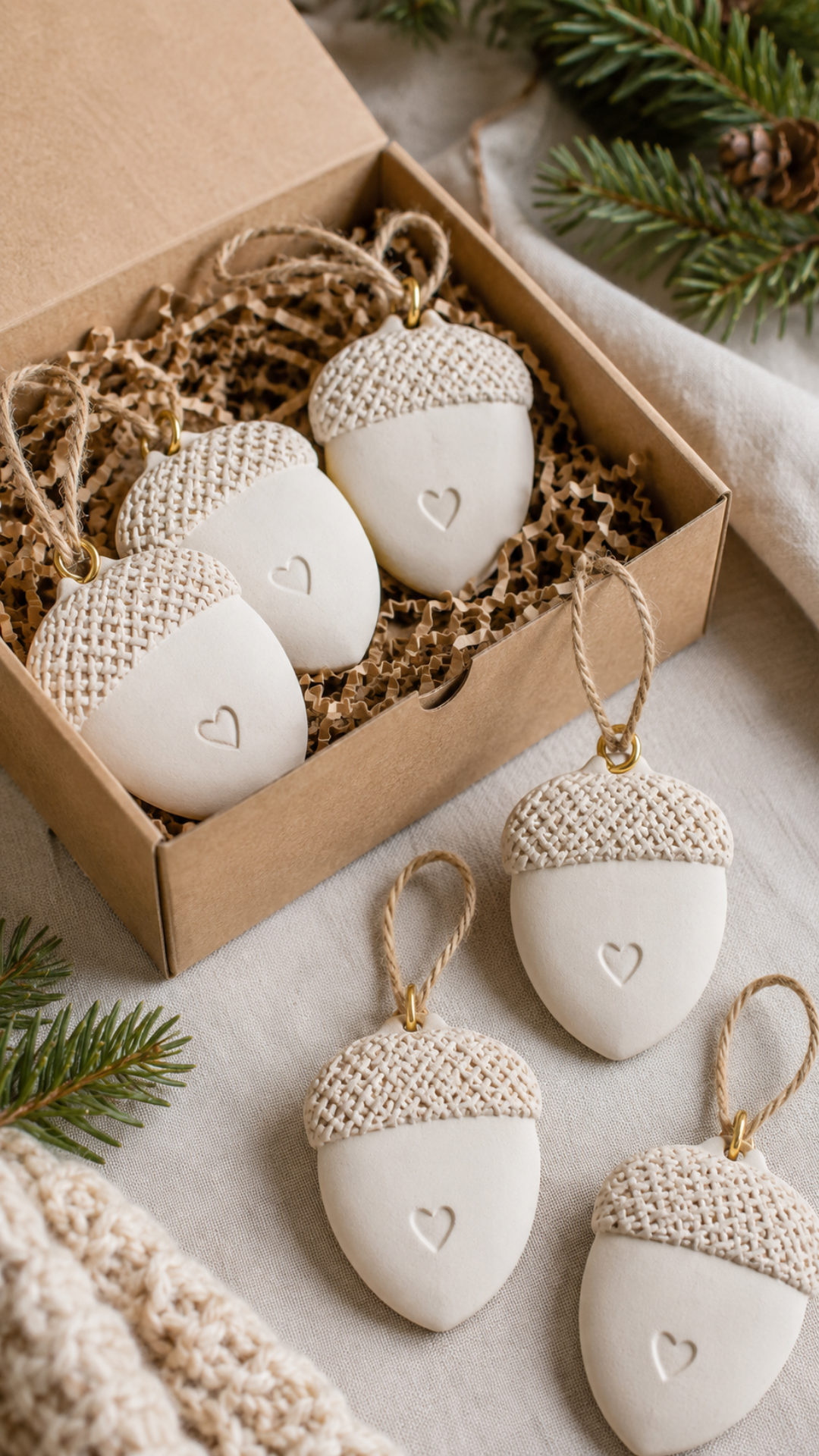 Five handmade white air dry clay acorn ornaments with textured burlap-impressed caps and small impressed heart details on the smooth white body. Four ornaments are nestled in crinkle paper inside an open kraft paper gift box with gold jump ring hardware and natural jute twine loops. One additional acorn ornament rests beside the box on white linen with fresh pine sprigs and a pinecone nearby. A cozy knit texture visible in the lower left corner.