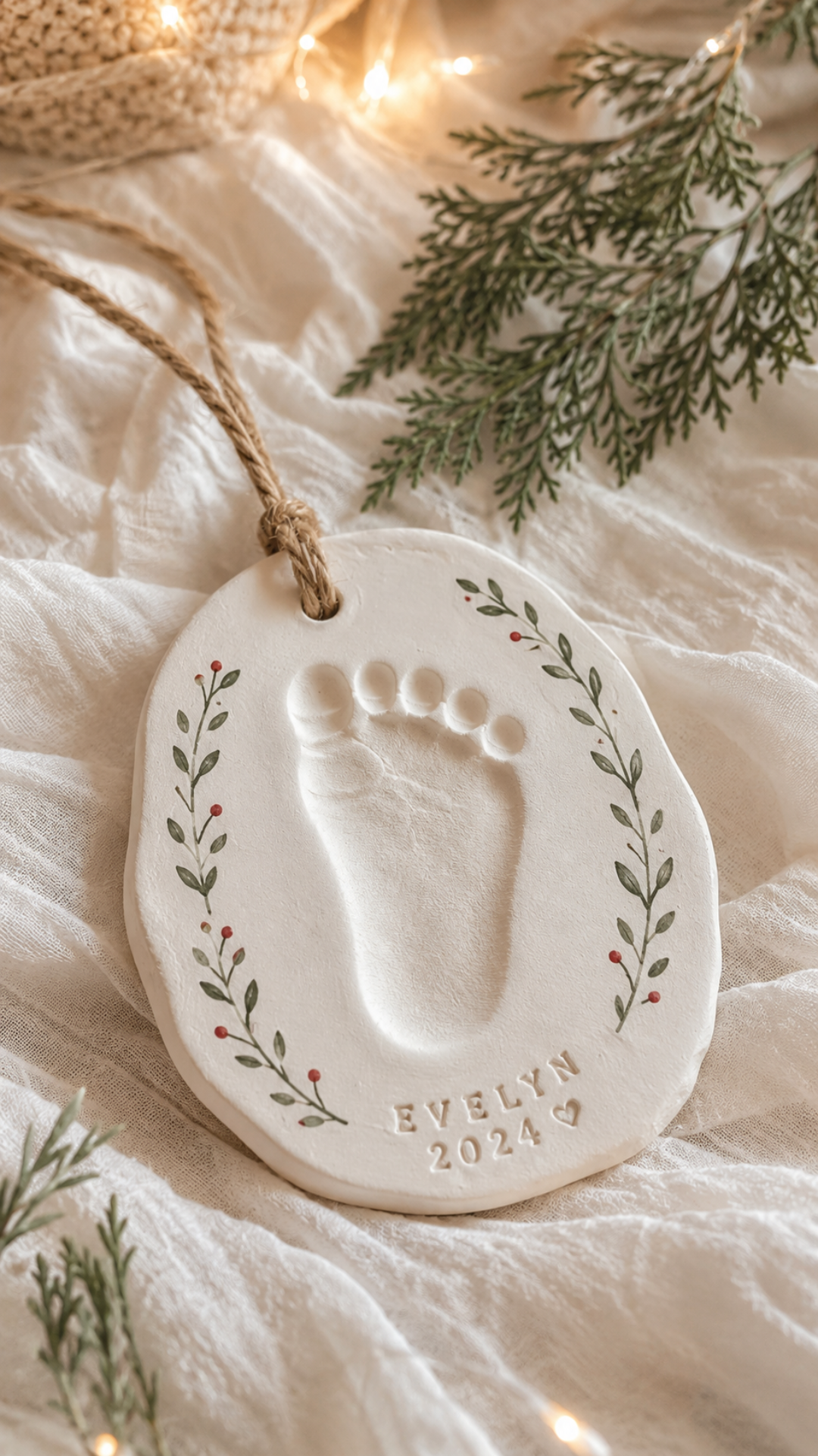 Close-up of a smooth white air dry clay oval ornament on soft white linen fabric with fresh cedar sprigs and warm fairy light bokeh in the background. A baby footprint impression is pressed into the center of the ornament surrounded by a painted green botanical wreath with small red berry details. The name EVELYN and the year 2024 are stamped below the footprint with a small heart. Natural jute twine loop at the top.
