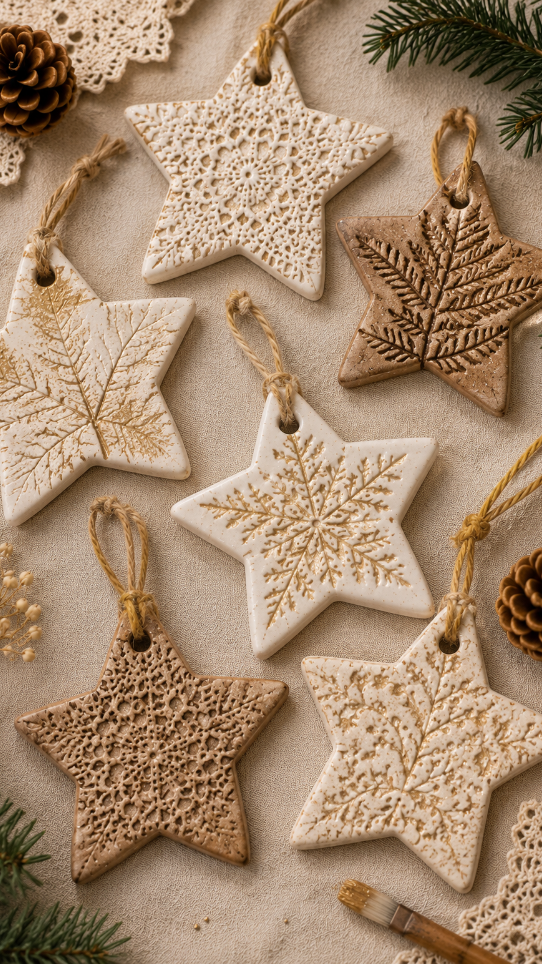 : Flat lay of six handmade air dry clay star-shaped Christmas ornaments on a neutral linen surface with pine sprigs, pinecones, a lace doily, and small white berries scattered around. Each star has a different impressed texture — lace doily patterns, pressed botanical leaf impressions, and snowflake stamp details — in varying shades of white and warm natural clay. All hung with natural jute twine loops.