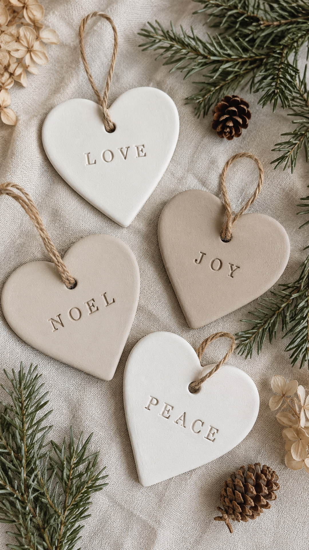 Flat lay of four handmade air dry clay heart-shaped Christmas ornaments on soft natural linen surrounded by fresh pine sprigs, pinecones, and dried hydrangea petals. Each heart is stamped with a single word — LOVE, JOY, NOEL, and PEACE — in clean serif block letters. Two hearts are bright white and two are in a warm greige natural clay tone. All hung with natural jute twine loops.