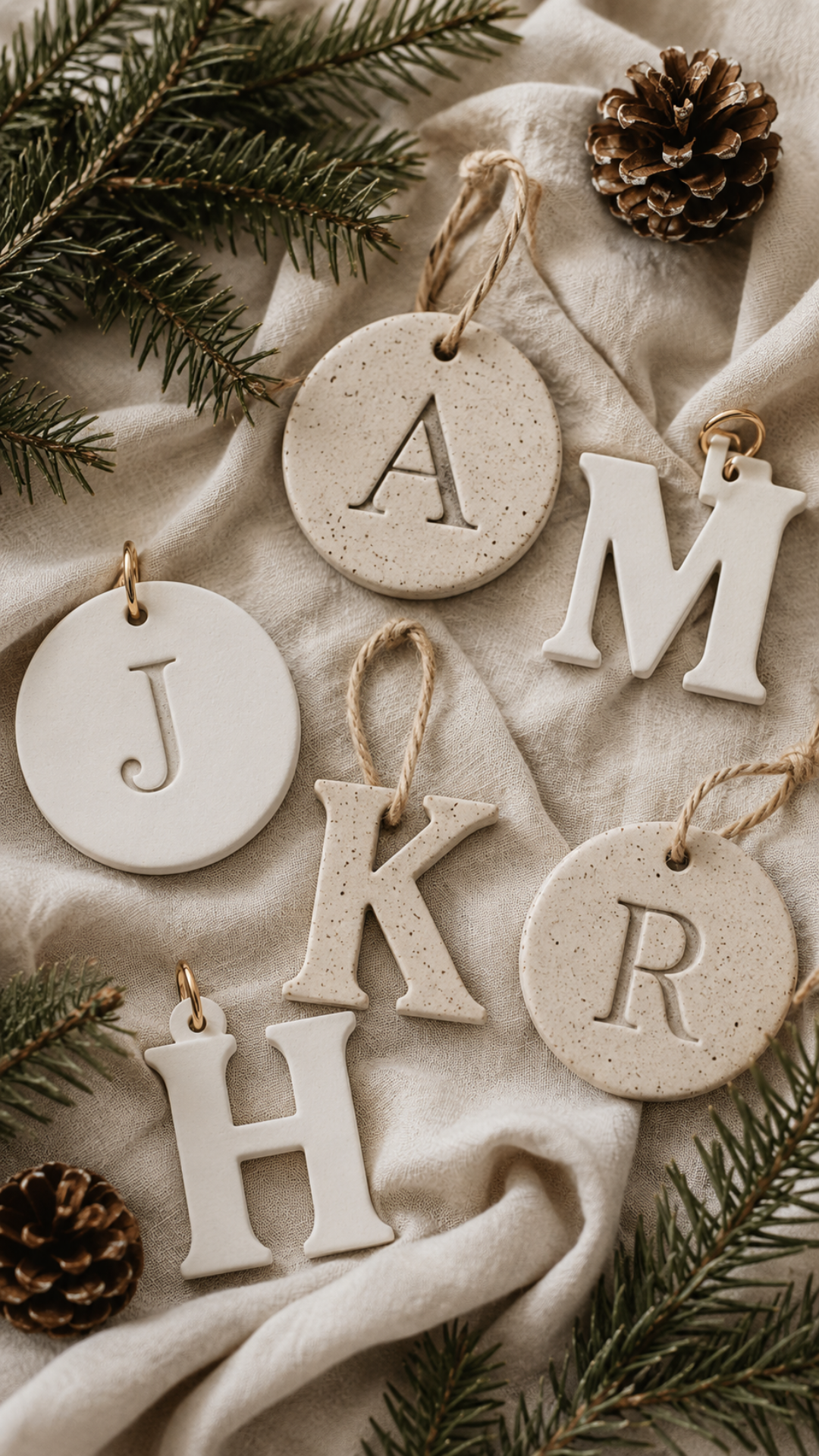 Flat lay of six handmade air dry clay initial ornaments on soft white linen fabric with fresh pine sprigs and pinecones scattered around. Four ornaments are round speckled clay discs with a single stamped letter — A, J, R, and K — and two are cut directly into letter shapes — M and H — in smooth white clay. All finished with gold jump ring hardware and natural jute twine or gold ring hanging loops.