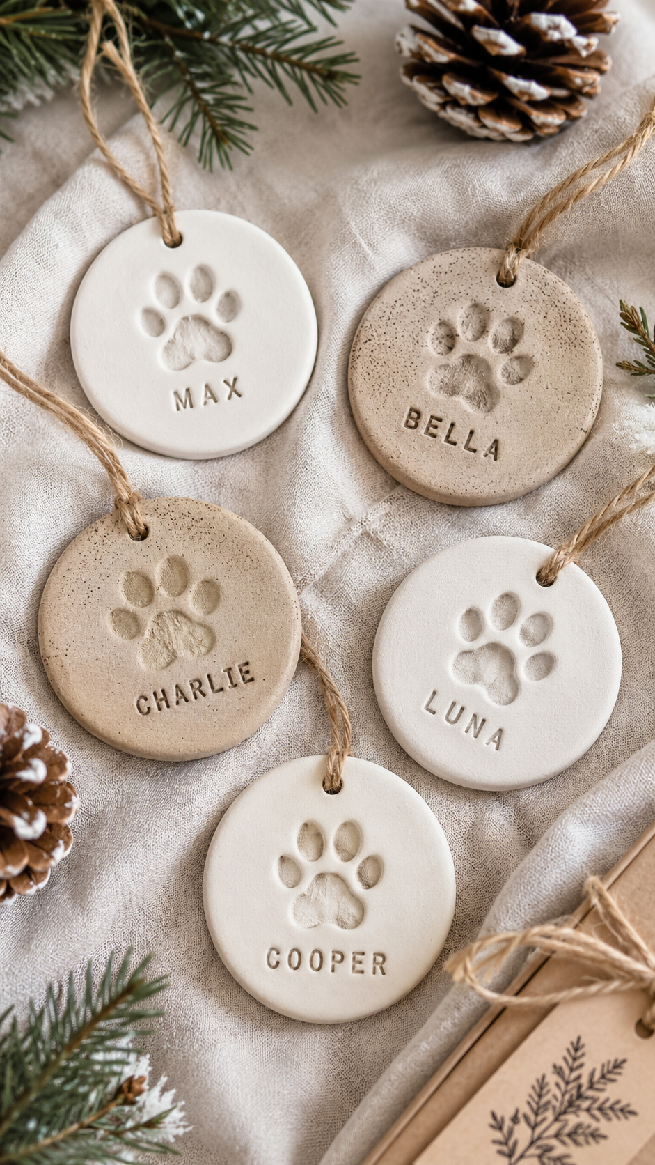 Flat lay of five round white and natural speckled air dry clay ornaments on soft white linen with fresh pine sprigs and pinecones. Each ornament has a paw print impression in the center and a pet name stamped below in block letters — MAX, BELLA, CHARLIE, LUNA, and COOPER. All hung with natural jute twine loops. A small kraft gift tag is visible in the lower right corner.