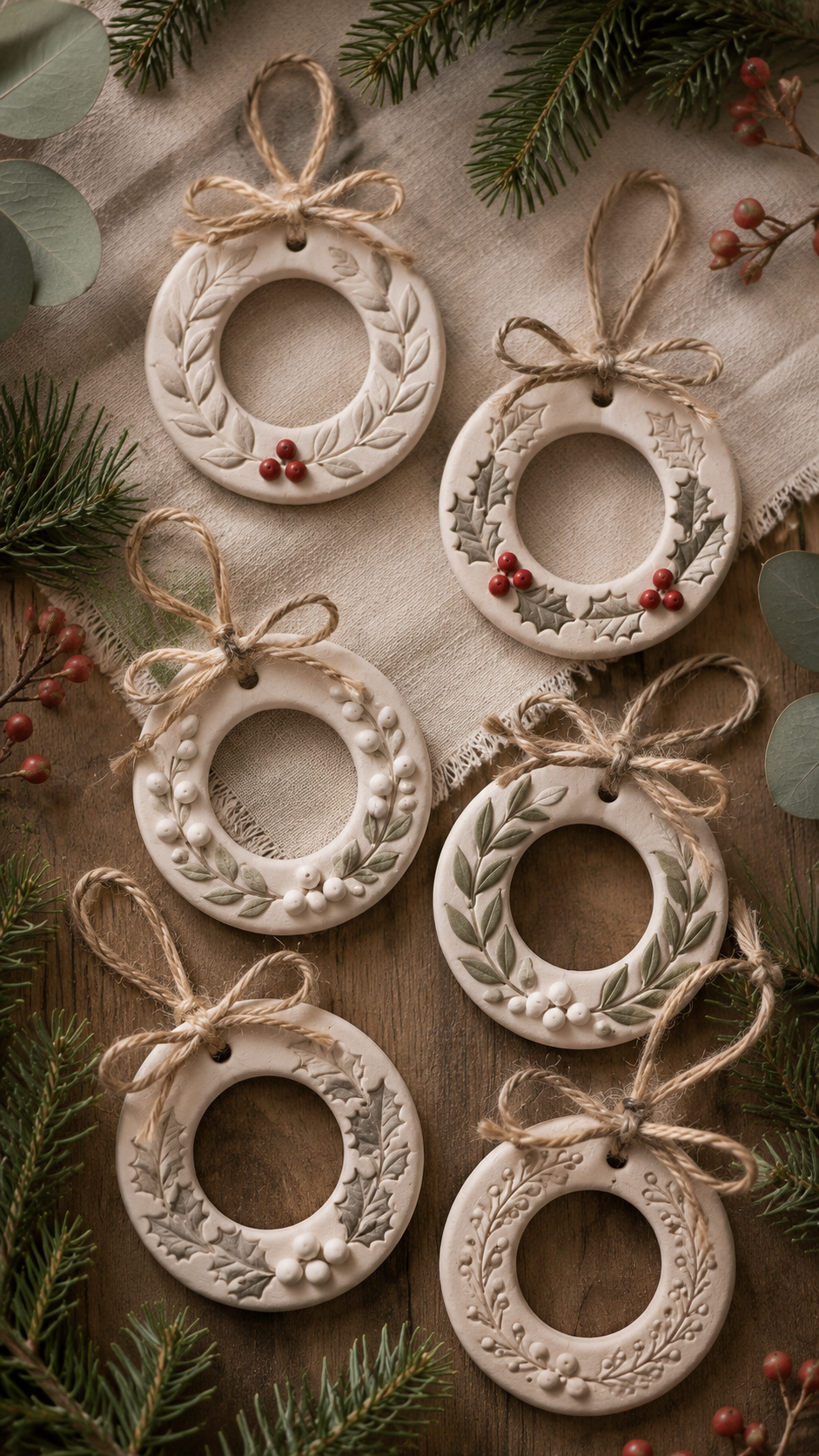 Flat lay of six handmade white air dry clay wreath-shaped Christmas ornaments on a warm wood surface with fresh pine sprigs, eucalyptus leaves, and small red berry stems. Each ornament is a ring shape with a hollow center, decorated with different botanical impressed and painted details — holly leaves with red berries, olive branch sprigs in sage green, small white clay berry clusters, and delicate floral scrollwork. All finished with natural jute twine tied in a small bow at the top.