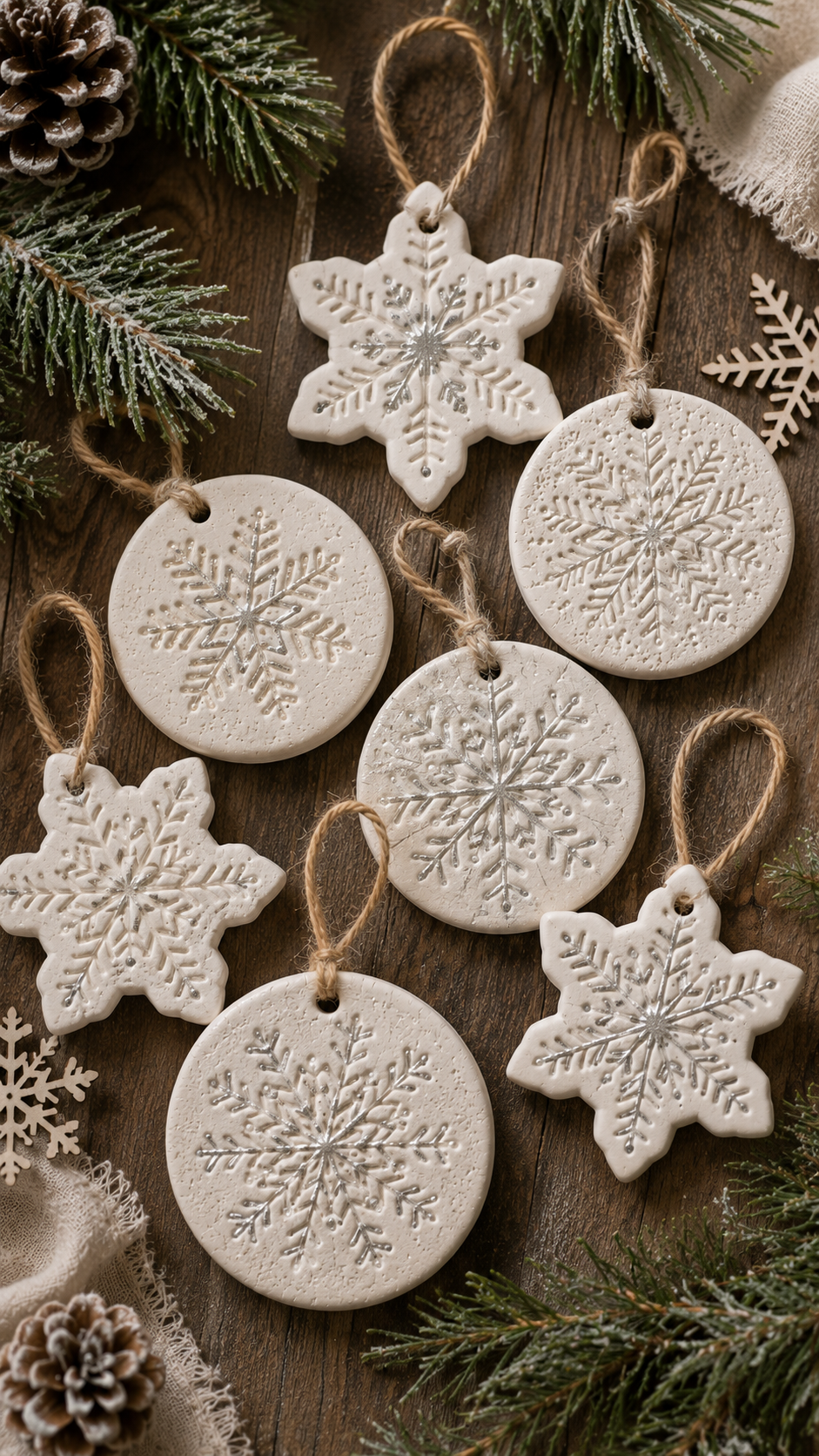 Flat lay of seven handmade white air dry clay Christmas ornaments on a warm wood surface with frost-dusted pine sprigs, pinecones, wooden snowflake decorations, and a piece of cream linen. Four ornaments are round disc shapes and three are six-pointed snowflake shapes, each with a deeply impressed snowflake stamp design and subtle silver paint detailing catching the light. All hung with natural jute twine loops.
