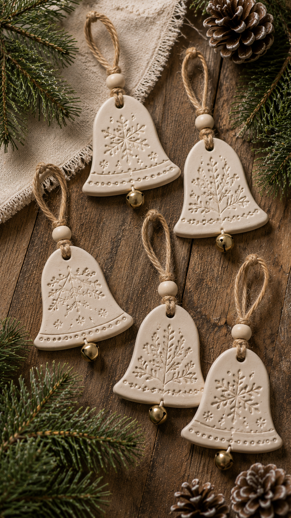 Flat lay of five handmade white air dry clay bell-shaped Christmas ornaments on a warm wood surface surrounded by fresh pine sprigs and pinecones. Each bell has a different impressed design on the surface — snowflake stamps and botanical branch textures — with a dotted border along the bottom edge. All finished with a natural jute twine loop, a small round wooden bead at the top, and a small gold jingle bell hanging from the base.