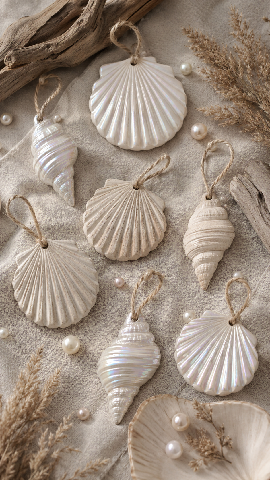 Flat lay of eight handmade air dry clay seashell ornaments on soft neutral linen with scattered loose pearls, dried pampas grass, and a piece of driftwood in the background. Ornaments include fan-shaped scallop shells and spiral conch shell shapes in two finishes — a warm natural matte clay tone and a pearlescent iridescent white glaze. All hung with natural jute twine loops.