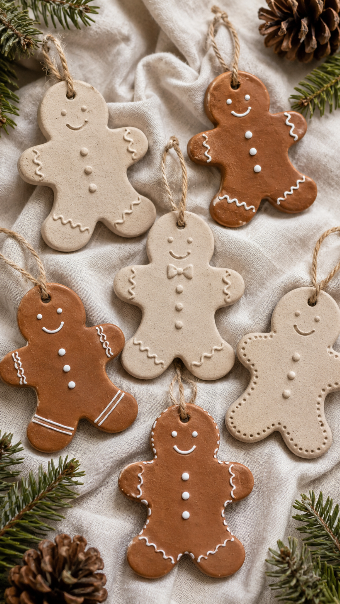 Flat lay of six handmade air dry clay gingerbread person ornaments arranged on soft white linen with fresh pine sprigs and pinecones. Three ornaments are in natural off-white clay with lightly impressed facial features and wavy icing-style detail lines. Three ornaments are painted in warm gingerbread brown with white painted smiling faces, button dots, wavy border lines, and one with a small bow detail at the collar. All hung with natural jute twine loops.