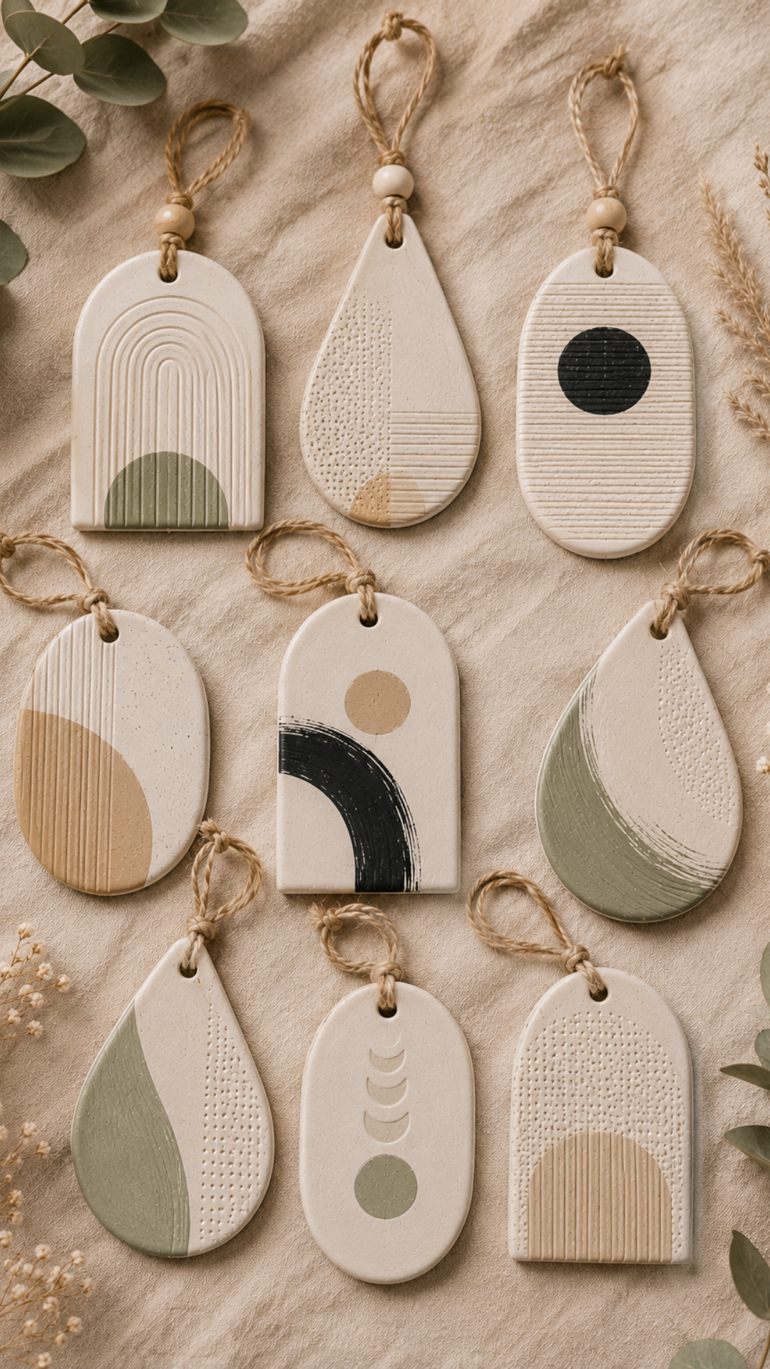 Flat lay of eight handmade white air dry clay ornaments in arch, teardrop, and oval shapes on natural linen fabric with eucalyptus leaves, dried pampas grass, and small white flower stems scattered around. Each ornament features a different abstract geometric design painted in sage green, warm tan, and matte black — including a rainbow arch, moon phase progression, abstract circle, and curved brushstroke shapes. Fine line texture stamping covers the clay surfaces. All hung with natural jute twine loops and small wooden beads.