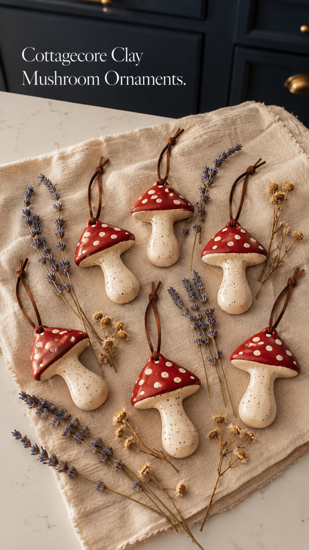 Overhead styled flat lay of six handmade air dry clay toadstool Christmas ornaments arranged on a natural linen cloth on white quartz countertops. Each mushroom ornament has a deep red cap with white polka dots and a speckled cream stem with brown leather cord hanging loop. Sprigs of dried purple lavender and small dried chamomile flowers scattered between the ornaments. Dark navy blue cabinetry with brushed gold hardware softly visible in the background. Text overlay reads Cottagecore Clay Mushroom Ornaments.