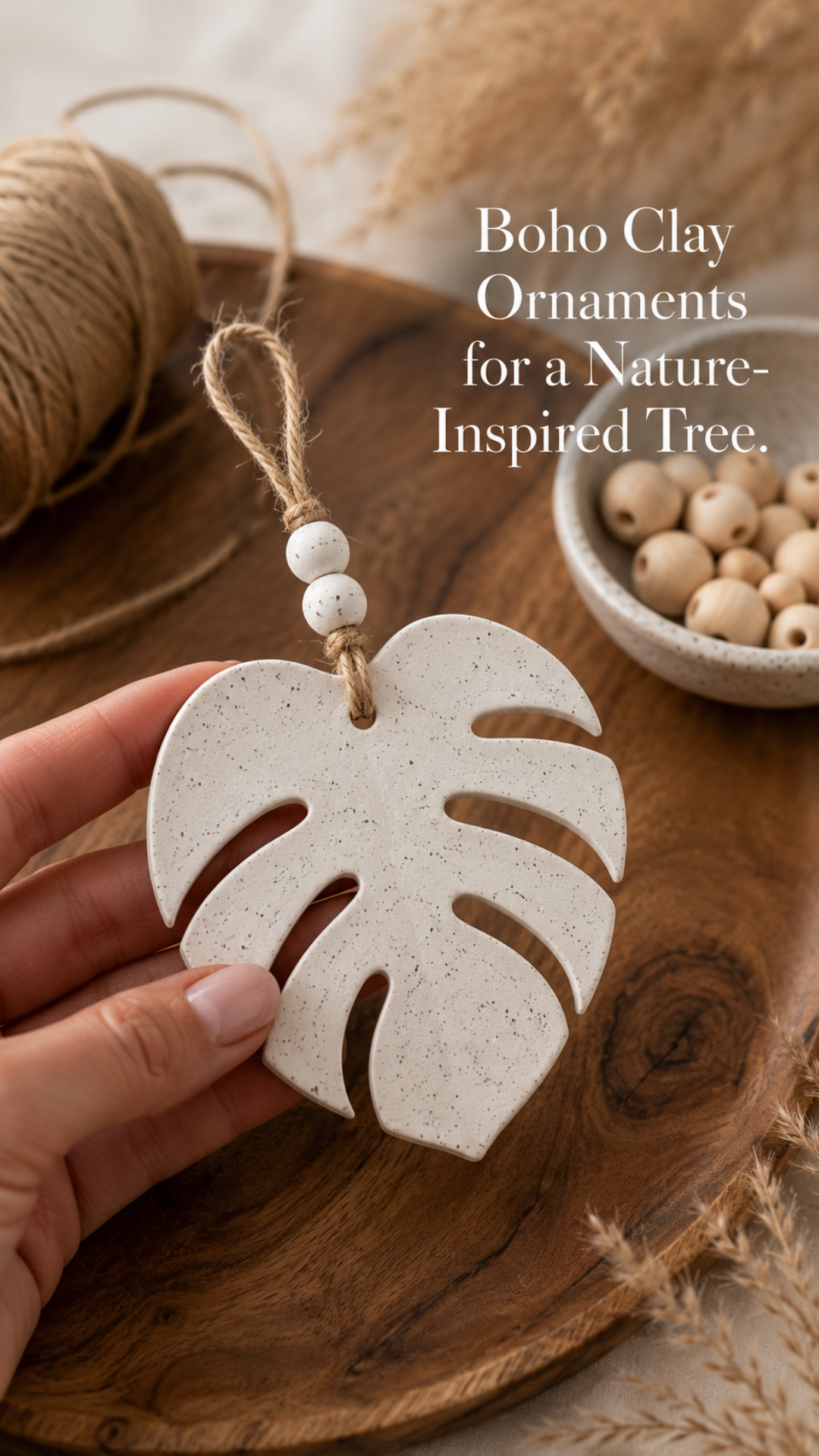 Close-up of a hand holding a large speckled white air dry clay monstera leaf ornament over a warm walnut wood serving board. The leaf has realistic monstera split cutouts and a grey-white speckled finish achieved with a paint flicking technique. Two small white clay beads are threaded onto the natural jute twine hanging loop at the top. A spool of natural jute twine and a small ceramic bowl of wooden beads are softly visible in the background with dried pampas grass at the upper right edge. Text overlay in white serif reads Boho Clay Ornaments for a Nature-Inspired Tree.