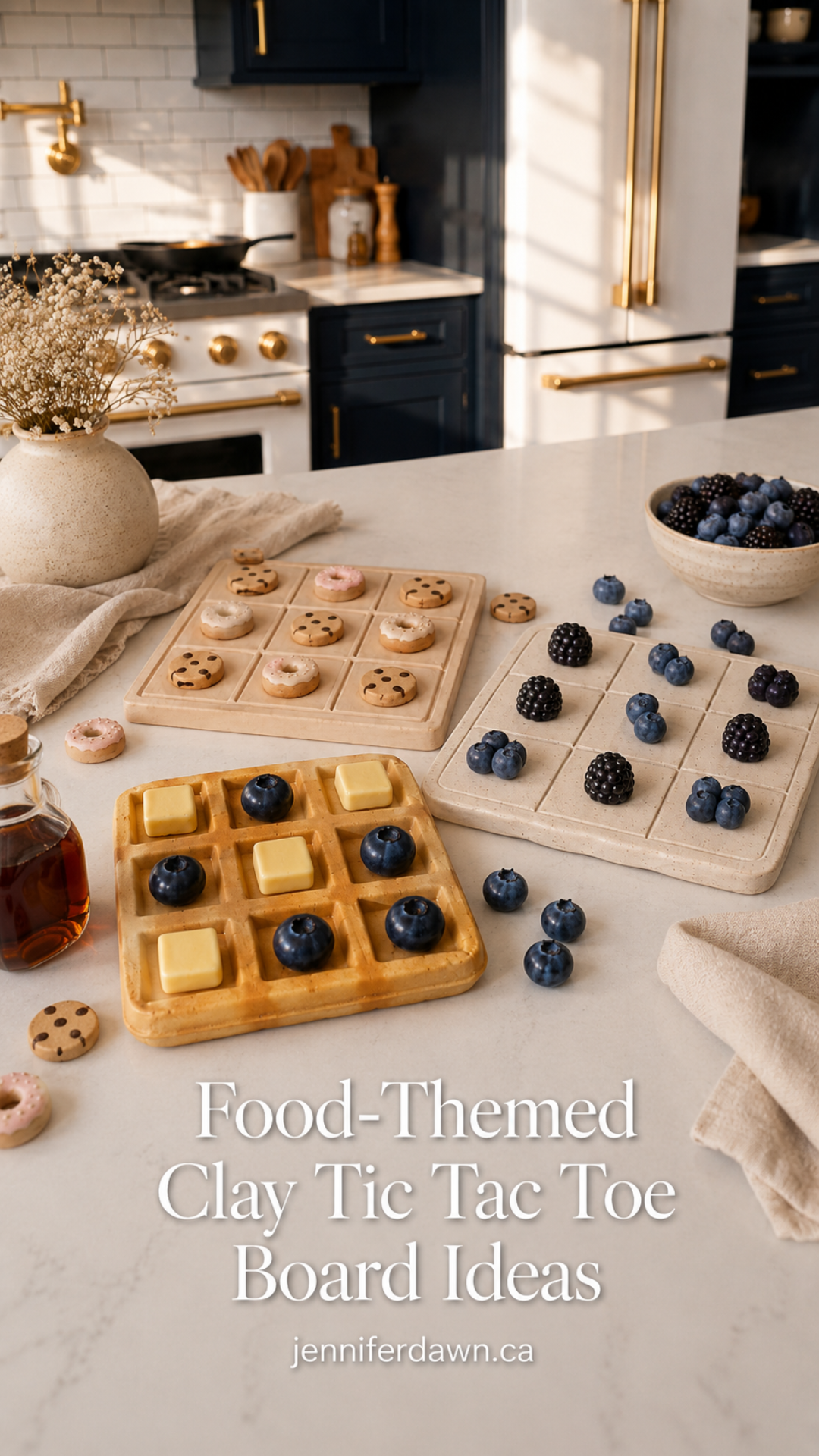 Flat lay of three food-themed clay tic tac toe boards on a white quartz countertop, including a waffle board with butter and blueberry pieces, a donut vs. cookie board, and a berry-themed board, styled in a luxury navy and gold kitchen.