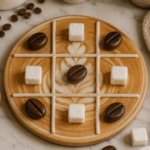 Round warm caramel clay tic tac toe board with latte art pattern, dark chocolate brown coffee bean pieces and white sugar cube pieces, styled on a marble surface with a latte, brown sugar jar, coffee beans, and small green plant.