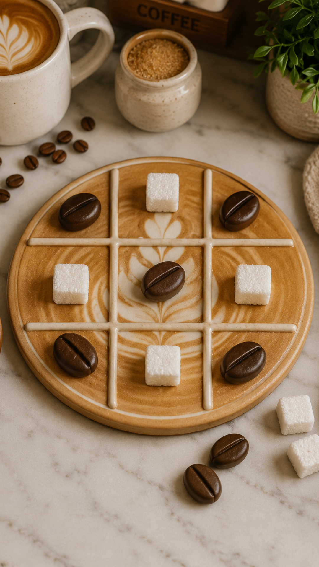 Round warm caramel clay tic tac toe board with latte art pattern, dark chocolate brown coffee bean pieces and white sugar cube pieces, styled on a marble surface with a latte, brown sugar jar, coffee beans, and small green plant.