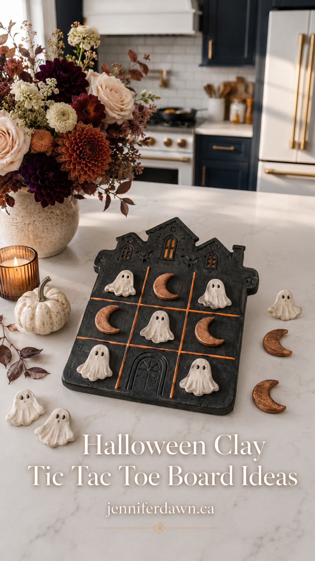Black clay haunted house-shaped tic tac toe board with white ghost pieces and copper crescent moon pieces on a white quartz countertop, styled with a deep autumn floral arrangement, white pumpkin, and lit amber candle, navy and gold kitchen in background.