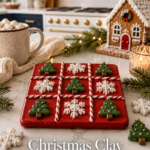 Red clay tic tac toe board with candy cane stripe grid lines, green Christmas tree and white snowflake pieces on a white quartz countertop, styled with hot cocoa mug, gingerbread house, knit blanket, and pine branches in a navy and gold kitchen.