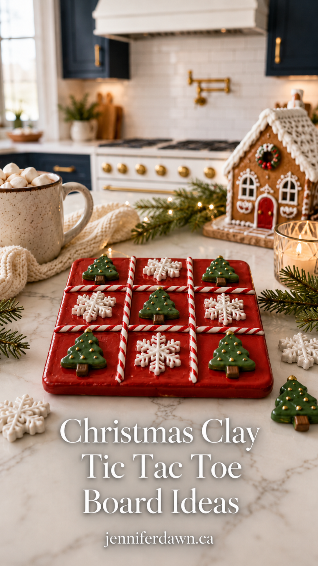 Red clay tic tac toe board with candy cane stripe grid lines, green Christmas tree and white snowflake pieces on a white quartz countertop, styled with hot cocoa mug, gingerbread house, knit blanket, and pine branches in a navy and gold kitchen.