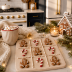 Warm ivory clay tic tac toe board with gingerbread man and candy cane playing pieces styled on a white quartz countertop with hot cocoa, knit scarf, gingerbread house, pine branches, and fairy lights in a navy and gold kitchen.