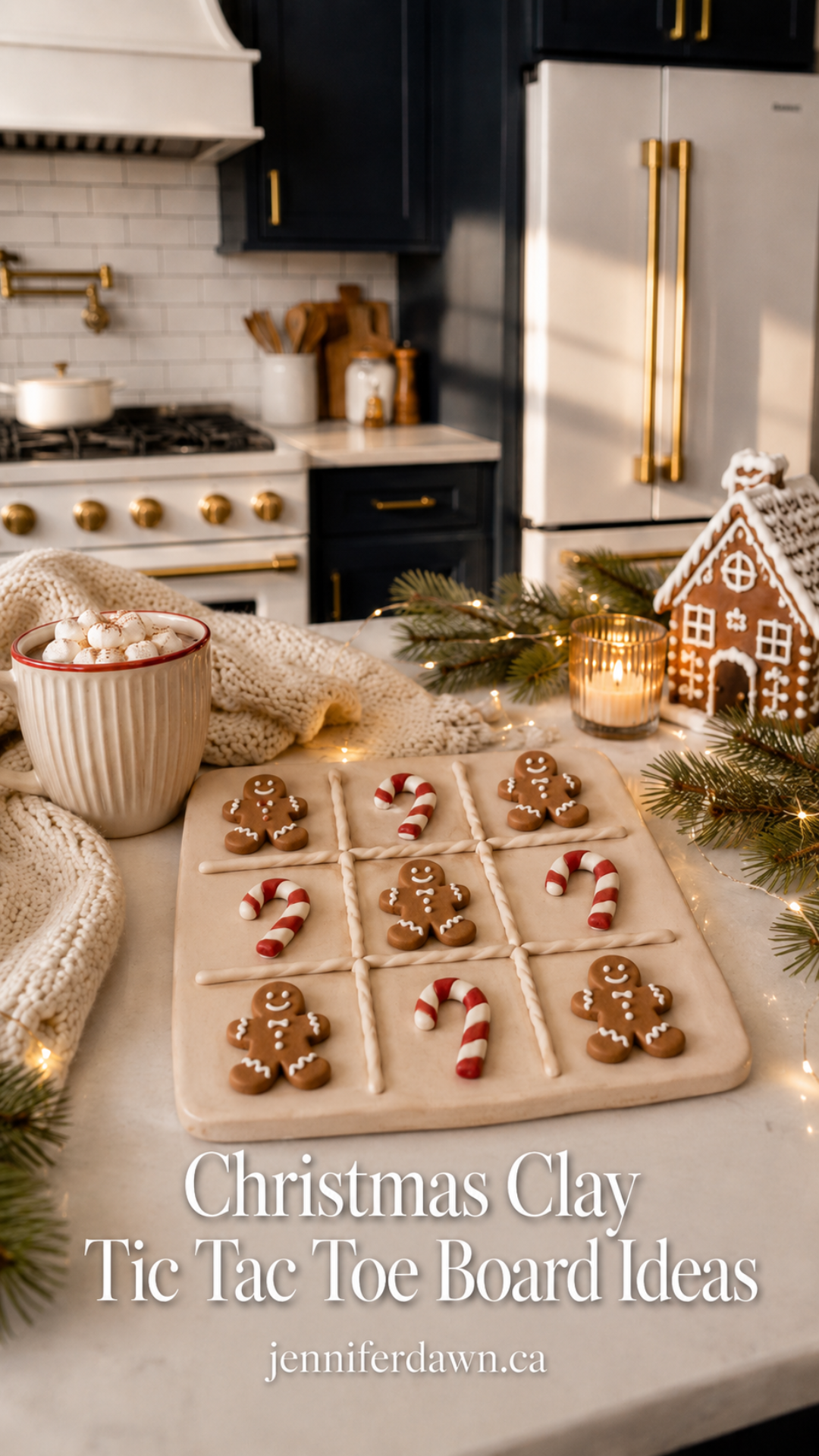 Warm ivory clay tic tac toe board with gingerbread man and candy cane playing pieces styled on a white quartz countertop with hot cocoa, knit scarf, gingerbread house, pine branches, and fairy lights in a navy and gold kitchen.