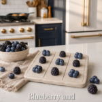 Cream textured clay tic tac toe board with blueberry cluster and blackberry playing pieces on a white quartz countertop, styled with a bowl of fresh berries and a linen napkin, navy cabinetry and gold refrigerator visible in the background.