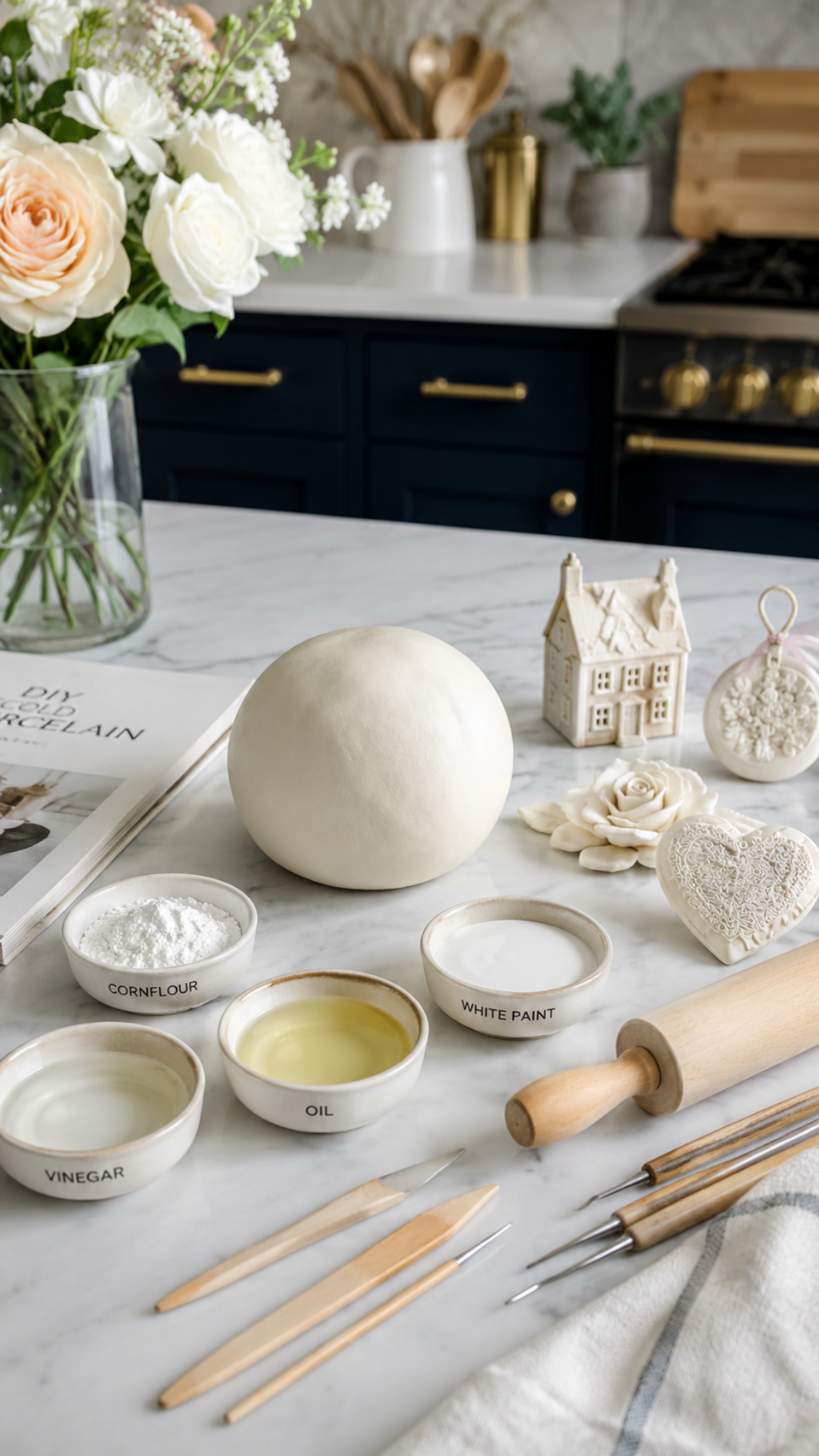 DIY cold porcelain clay recipe pin showing ingredients in ceramic bowls on a marble surface including cornflour, PVA glue, oil, and white paint, with a smooth ball of finished homemade air dry clay and handmade clay ornaments spread across a white marble countertop.