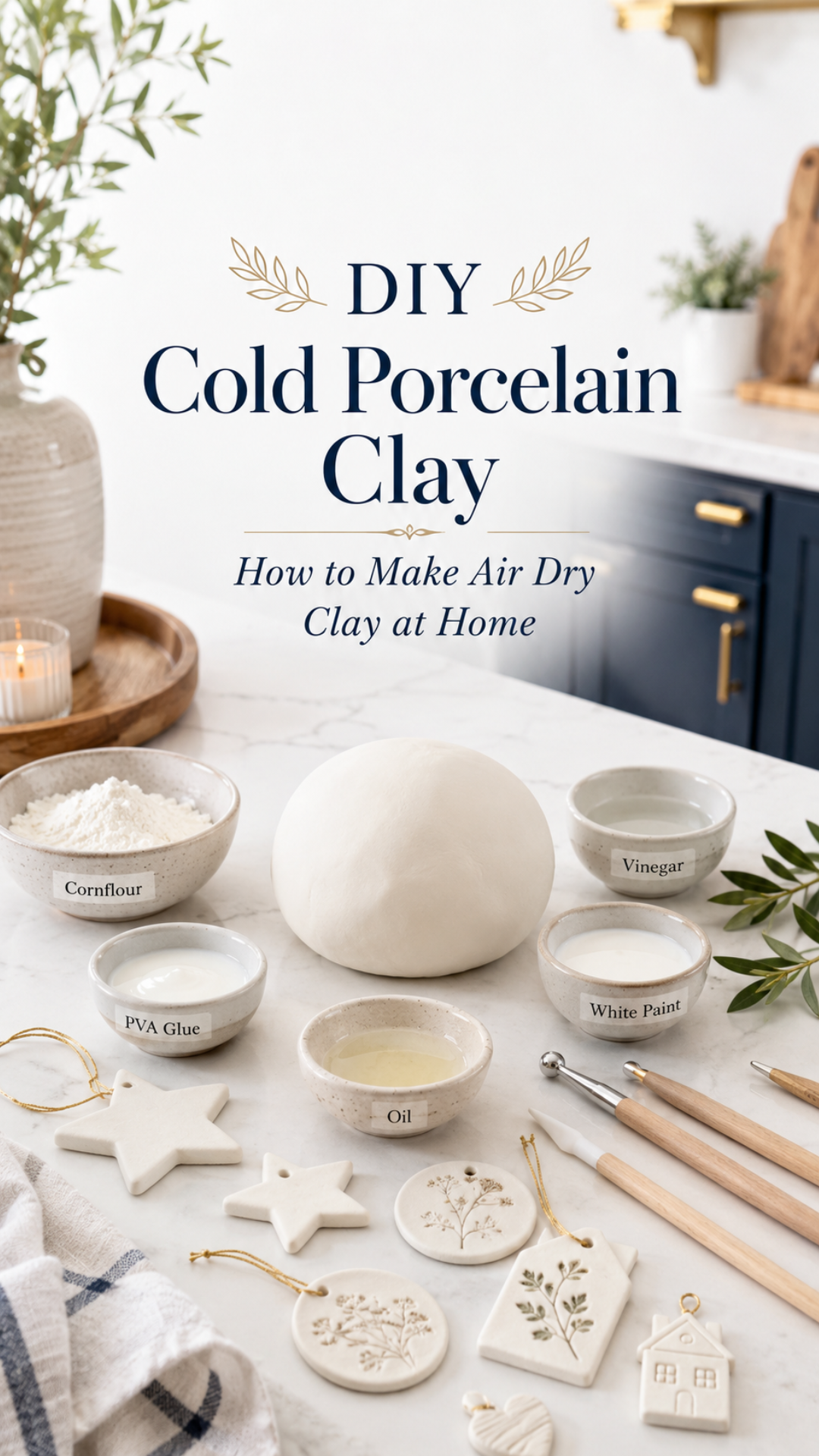 Cold porcelain clay ingredients labeled cornflour, oil, vinegar, and white paint arranged on a white marble countertop with a smooth ball of homemade air dry clay and finished decorative clay pieces including a clay cottage, sculpted rose, and embossed ornament in a navy and gold kitchen.