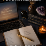 Dark navy desk flat lay with open laptop showing create your freedom screen gold pen open journal with aligned abundant unstoppable written inside amethyst crystal pampas grass and lit candle in moody candlelight