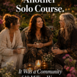 Three women of different ages laughing together in a golden hour garden seated in a circle holding mugs surrounded by flowering plants and candles in glass jars on a small table between them warm intimate editorial