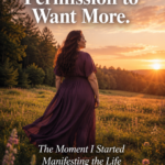 Plus size woman with long dark mahogany hair wearing a flowing deep plum maxi dress standing barefoot in a wildflower meadow at the edge of a forest back to camera face turned toward a dramatic golden sunset sky