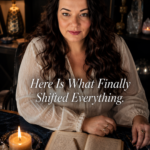 Plus size woman with long dark wavy mahogany hair wearing an ivory linen blouse seated at a candlelit table surrounded by quartz crystals amethyst dried lavender and an open journal looking directly into camera with a calm powerful expression