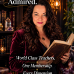 Plus size woman with long dark wavy mahogany hair wearing a deep burgundy velvet blazer holding an open antique book in a moody dark library with gold sconce lighting crystal quartz on shelves candles and amethyst cluster