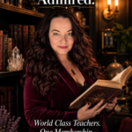 Plus size woman with long dark wavy mahogany hair wearing a burgundy velvet blazer holding an open antique book in a dark moody library surrounded by leather bound books quartz crystals lavender sprigs and candlelight
