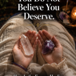Close up of open palms holding a clear quartz crystal point in one hand and raw amethyst in the other resting on cream linen with incense smoke curling upward amethyst bracelet on wrist and soft diffused window light
