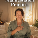 Plus size woman with dark curly hair wearing a sage green robe seated cross legged on a white linen bed with eyes closed and one hand over her heart in early morning golden light with sheer curtains behind her