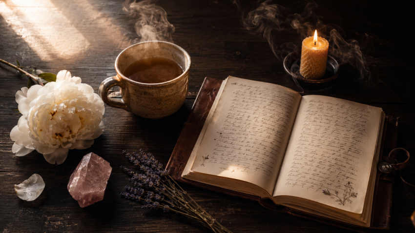 Dark wood flat lay with steaming ceramic mug of herbal tea open handwritten journal rose quartz crystal dried lavender sprig lit beeswax candle with smoke curling upward and white peony petals in warm golden morning light