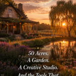 Stone cottage at golden hour with wrap around porch surrounded by lush wildflower gardens in purple and pink a weeping willow tree beside a reflective pond and dramatic amber and rose sunset sky
