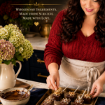 Woman arranging chocolate covered low carb marshmallow pops on a tray in a farmhouse kitchen