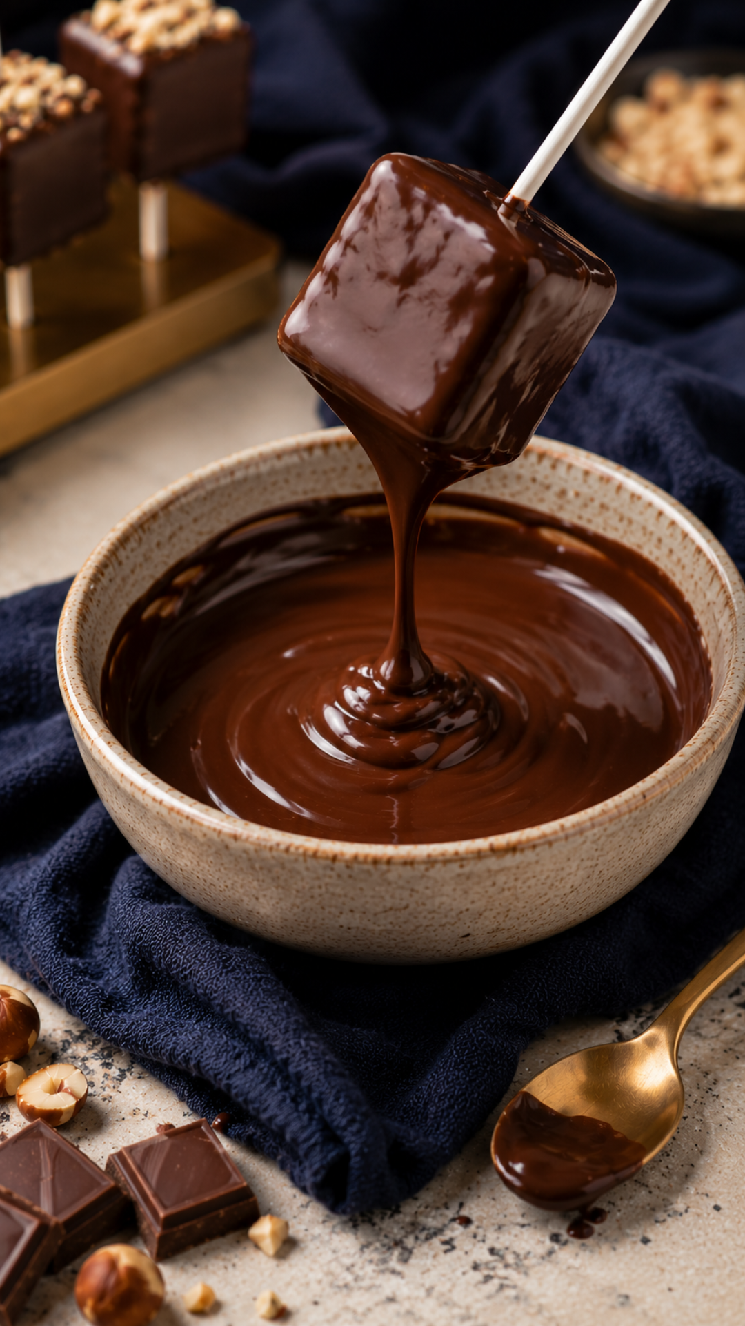 Low carb marshmallow on a stick being dipped into a bowl of melted sugar-free chocolate