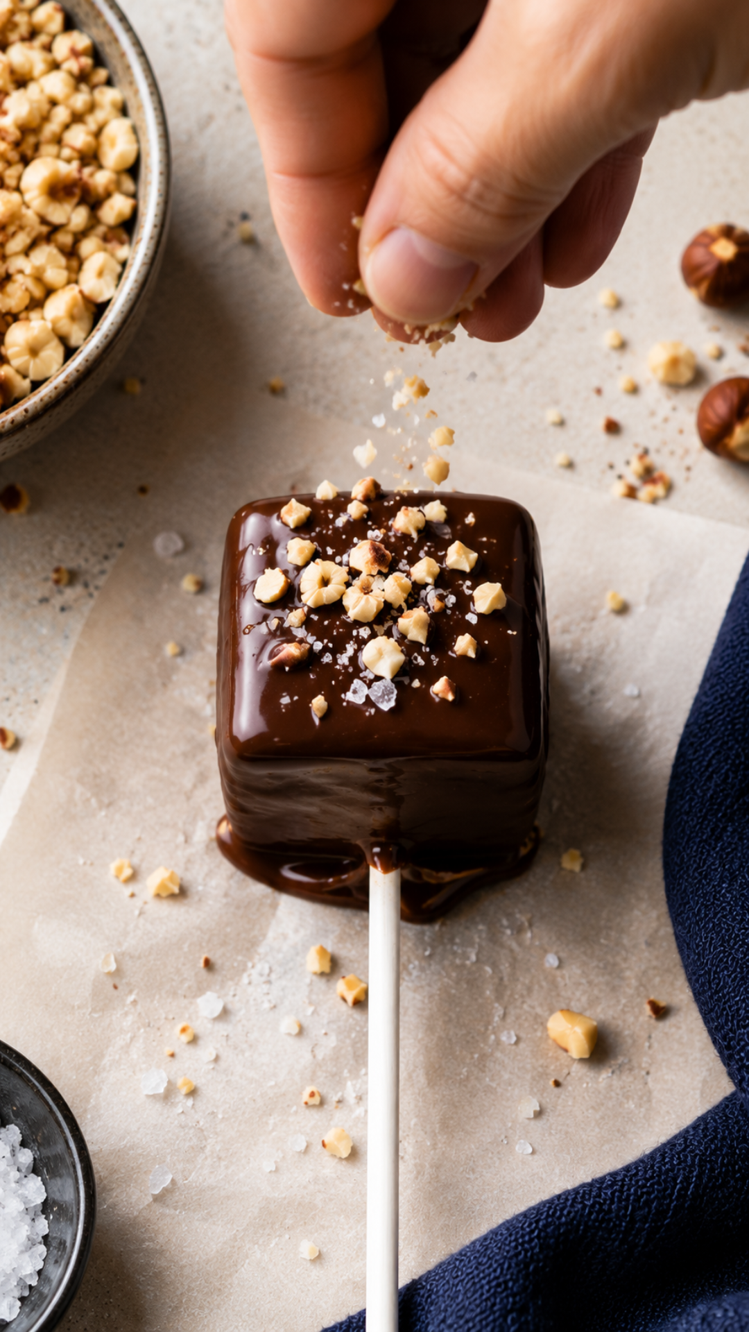 Hand sprinkling chopped hazelnuts onto a low carb chocolate covered marshmallow pop, keto candy recipe
