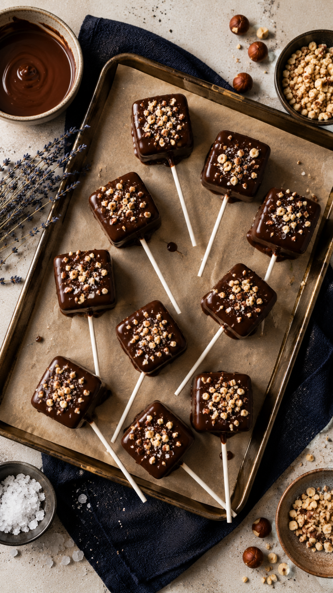 Tray of finished low carb chocolate covered marshmallow pops topped with hazelnuts, easy keto candy recipe