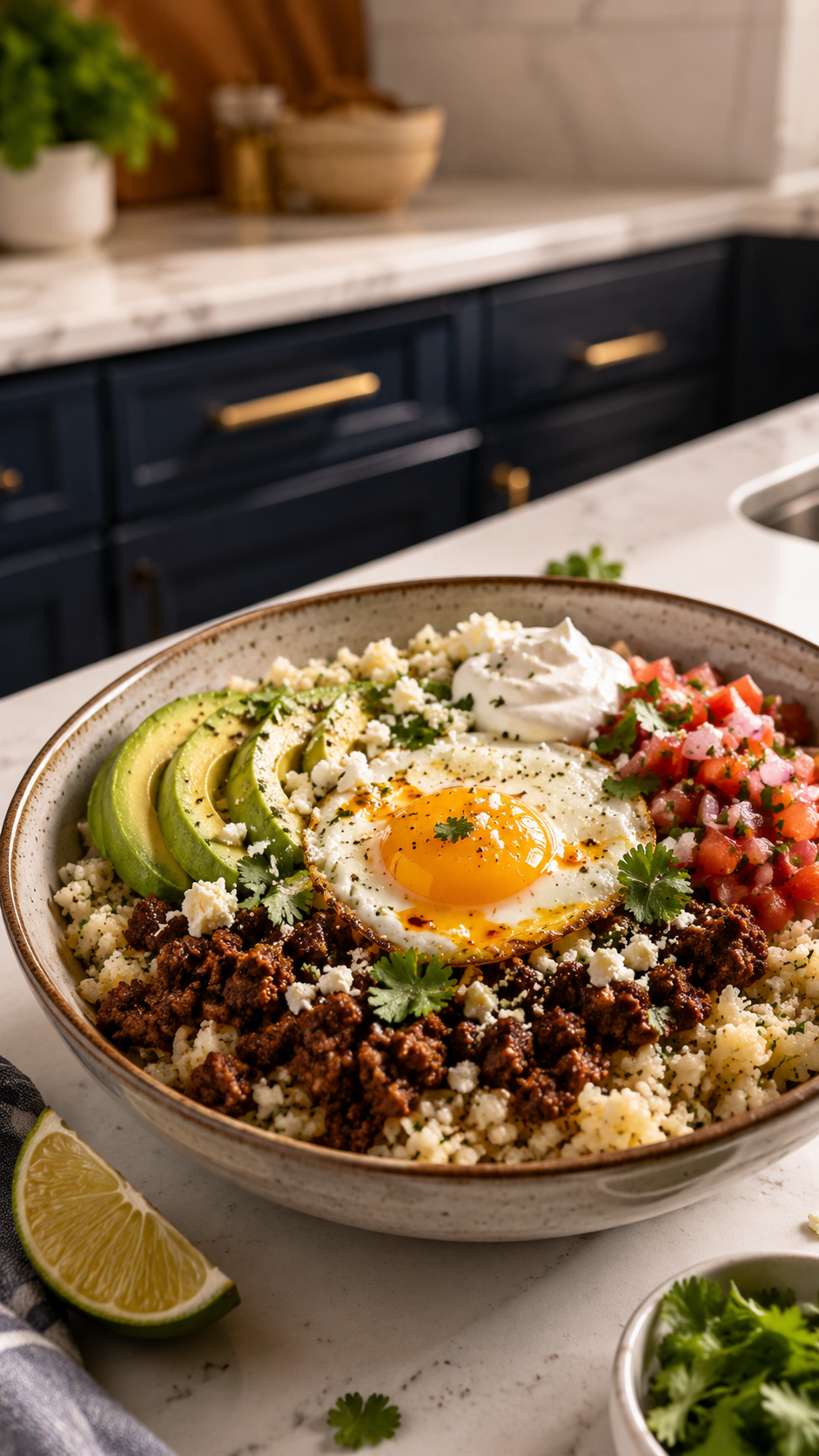 Speckled ceramic bowl filled with seasoned cauliflower rice, crumbled Mexican chorizo, a fried egg with a runny yolk, sliced avocado, fresh pico de gallo, sour cream, and crumbled cotija cheese on a white marble countertop with dark navy cabinetry and brushed gold hardware softly blurred in the background.
