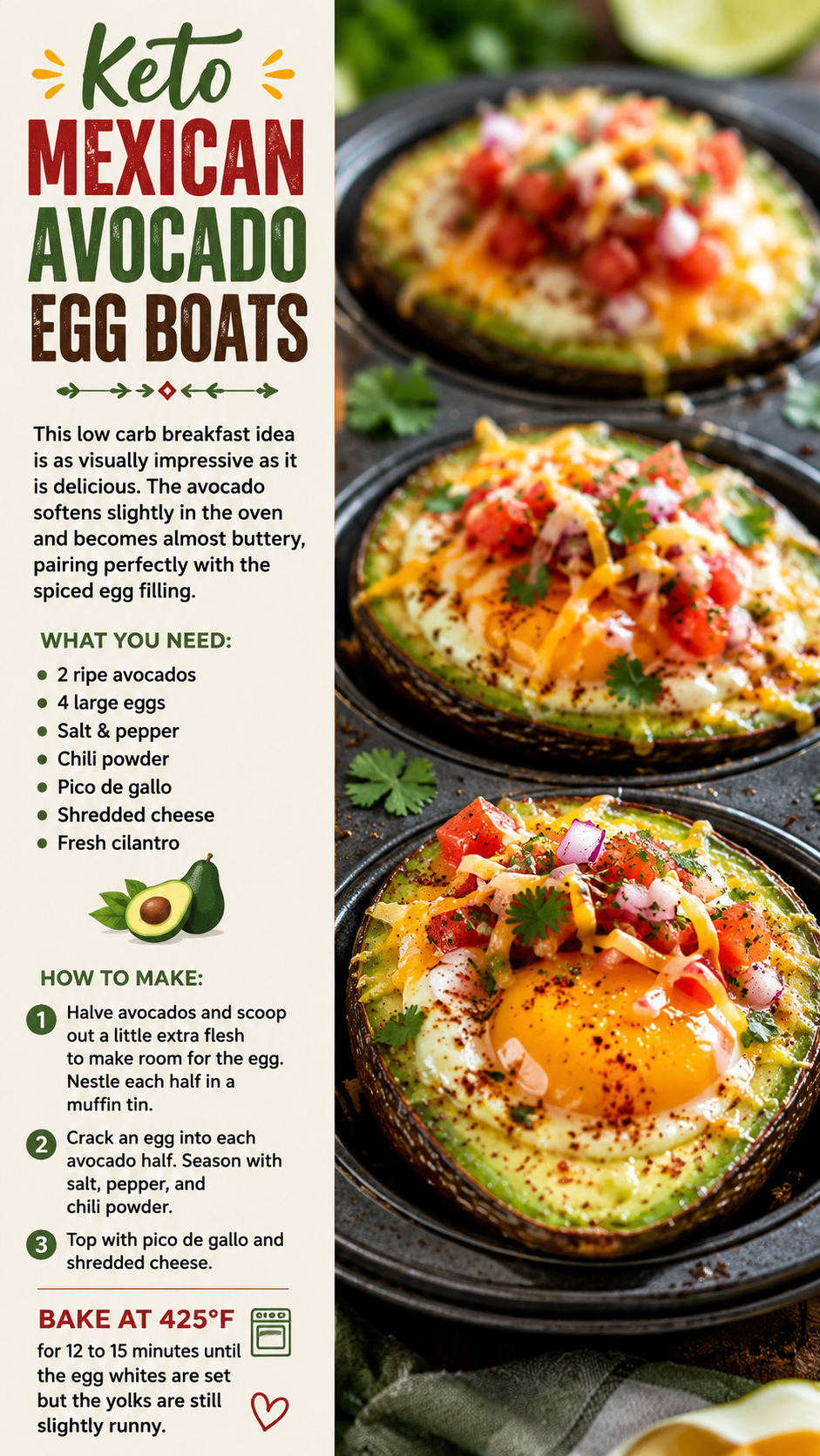 Three baked avocado egg boat halves nestled in a dark muffin tin, each filled with a runny baked egg, fresh pico de gallo, and scattered cilantro leaves, with lime wedges and a small bowl of pico styled in the background on a linen napkin.