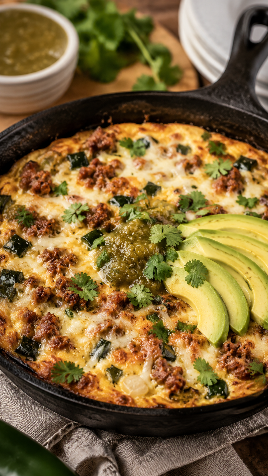 Cast iron skillet filled with a golden baked keto chorizo and poblano frittata topped with salsa verde, fanned avocado slices, and fresh cilantro, styled on a linen napkin with a bowl of salsa verde and stacked white plates softly blurred in the background.